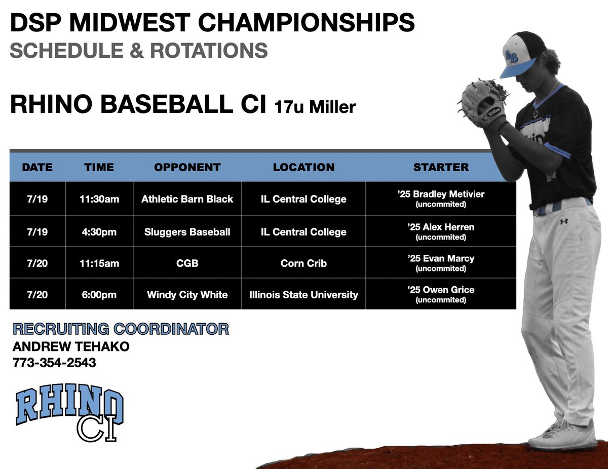 🚨🚨SCHEDULE &amp; ROTATION 🚨🚨

                        17u CI Miller
      DSP Midwest Championships
            
                📍Franklin, WI📍