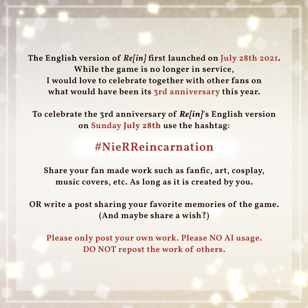 jolychu's tweet photo. July 28th would have been NieR Rein EN's 3rd anniversary! Service may have ended but I still love the game. I want to celebrate its anniversary together with other fans!

Kindly repost and spread the word💕Let's make the #NieRReincarnation tag lively on the 28th! #NieR https://t.co/hBWPo4FoLx