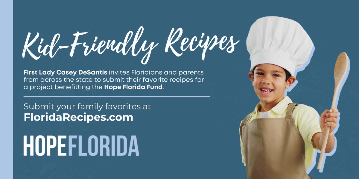 EducationFL's tweet photo. First Lady @CaseyDeSantis is collecting family-oriented, kid-friendly recipes for a project benefitting the Hope Florida Fund. Floridians and parents from across the state are encouraged to submit their favorite recipes at https://t.co/bLKQHsfyBq. https://t.co/uLxNYeTA8u