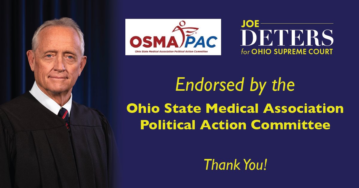 VoteJoeDeters's tweet photo. Thank you for the endorsement, @OhioMedicine! 

Your support - and the support of so many local members across Ohio - is encouraging to me, @Judge_Shanahan and @JudgeHawkins. https://t.co/y3krWEKvKi