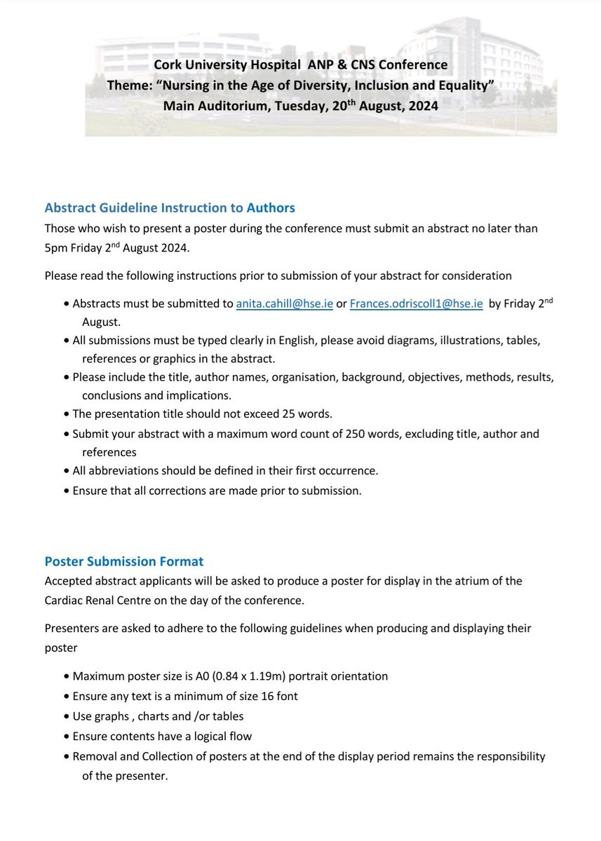 Louise M Murphy (@louisemmurphy1) on Twitter photo 🚨 Closing date to submit your abstract for a poster presentation @ our <a href="/CUH_Cork/">Cork University Hospitals</a> #ANP #CNS conference on 20th August is fast approaching!
Email <a href="/francesod1/">Frances O Driscoll</a> or <a href="/AnitaCahill4/">Anita Cahill</a> to ensure your poster will be included ✔️
See below abstract submission and poster display guidelines ⬇️ 🚨 Closing date to submit your abstract for a poster presentation @ our <a href="/CUH_Cork/">Cork University Hospitals</a> #ANP #CNS conference on 20th August is fast approaching!
Email <a href="/francesod1/">Frances O Driscoll</a> or <a href="/AnitaCahill4/">Anita Cahill</a> to ensure your poster will be included ✔️
See below abstract submission and poster display guidelines ⬇️