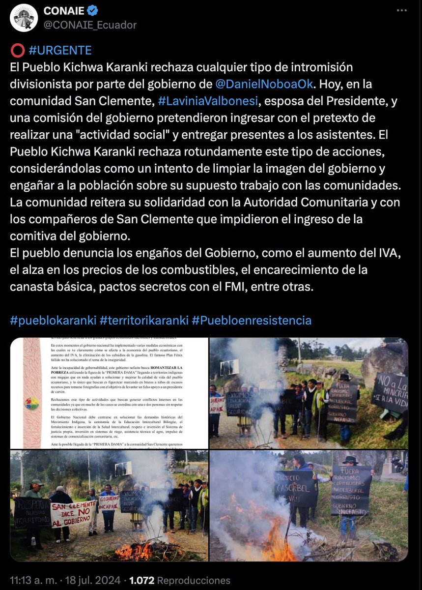 ecuainm_oficial's tweet photo. ‼️#URGENTE
CONAIE informa que este jueves 18 de julio, en la comunidad San Clemente, el Pueblo Kichwa Karanki impidió el paso de Lavinia Valbonesi, esposa del presidente, y una comisión gubernamental que intentaban ingresar para realizar una actividad social, considerándolo como un intento de “limpiar la imagen del gobierno y engañar a la población sobre su supuesto trabajo”.