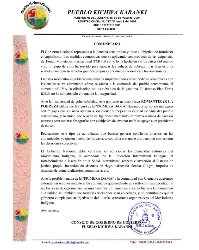 ecuainm_oficial's tweet photo. ‼️#URGENTE
CONAIE informa que este jueves 18 de julio, en la comunidad San Clemente, el Pueblo Kichwa Karanki impidió el paso de Lavinia Valbonesi, esposa del presidente, y una comisión gubernamental que intentaban ingresar para realizar una actividad social, considerándolo como un intento de “limpiar la imagen del gobierno y engañar a la población sobre su supuesto trabajo”.