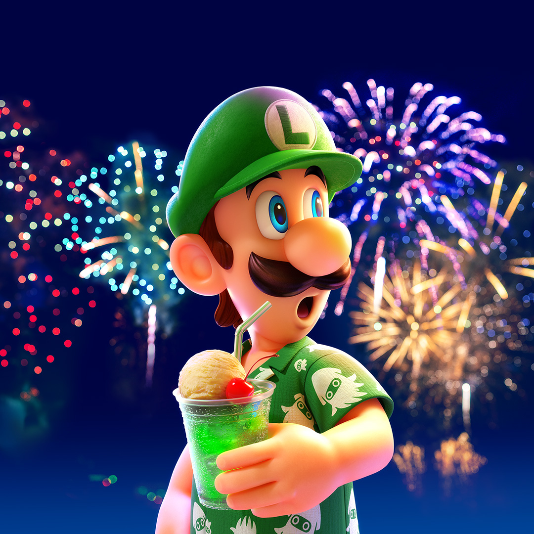 NintendoAmerica's tweet image. Not all of Luigi&apos;s vacations are spooky. Some are sparkly! 🎆🍨