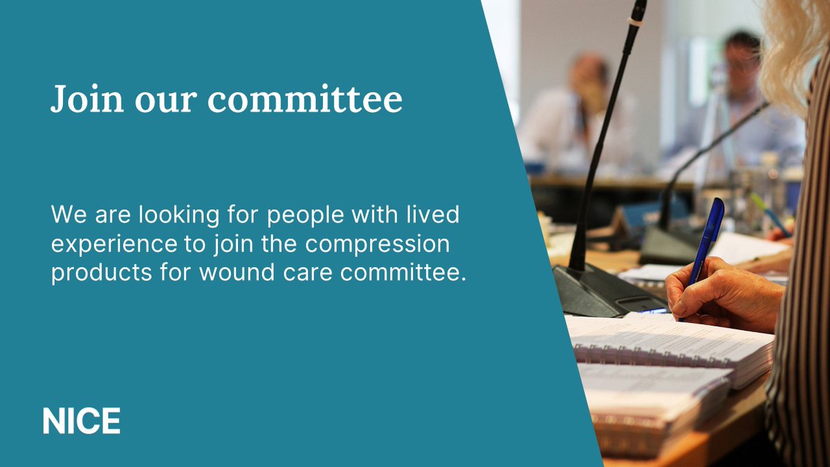 Be a part of our committee looking at compression products for wound care (leg ulcers), what matters when using these? 

📅We’re looking for people with lived experience to apply by Friday 26 July: nice.org.uk/get-involved/o…