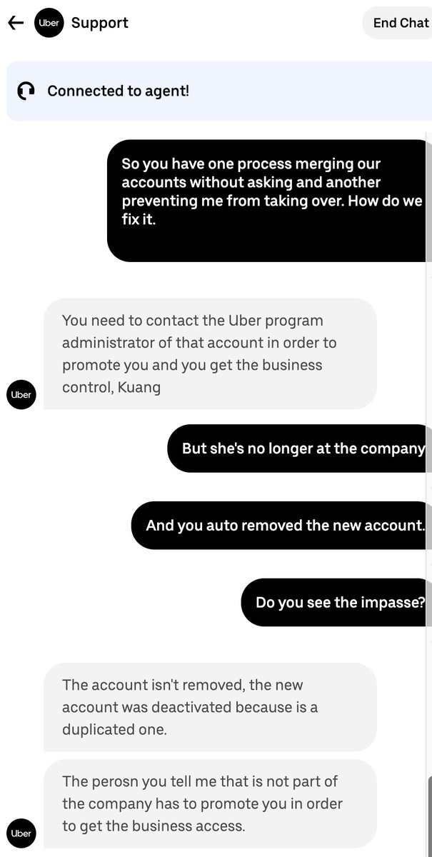 Hey <a href="/Uber/">Uber</a> this is absurd, and can't be the only time this has happened. I can't take over as admin, and you removed the new account automatically... slow clap