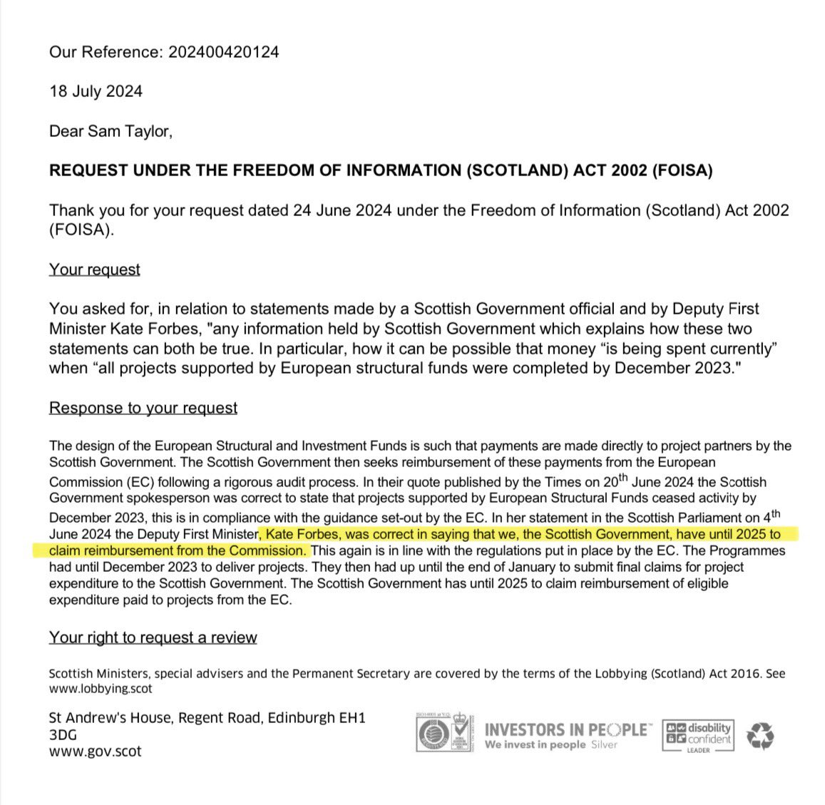 staylorish's tweet photo. 1/ Kate Forbes has been adamant in parliament that money “is being spent currently” (on the unspent EU structural funds story).

But I have just received this remarkable FOI response, which tries to equate “spending” with “claiming reimbursement”. These are not the same thing. https://t.co/qLD9iincv0