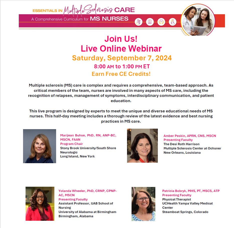 Join Us! Live Online Webinar, Saturday, September 7, 2024 from 8:00 AM to 1:00 PM ET
Earn 5 Free #CE #Credits!
Register Today: catmeded.com/msnursing_webi…

#MS #Education #MultipleSclerosis #nurses #MSeducation #livewebinar