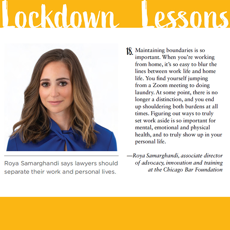 ABAJournal's tweet photo. Lockdown Lessons: What did lawyers learn during the pandemic, and how have they applied that to their professional lives? 18. Focus on yourself. —Roya Samarghandi, the Chicago Bar Foundation
https://t.co/3mFTjPV2wz
#LockdownLessons #COVID #COVID19 https://t.co/PJaMDcNZda