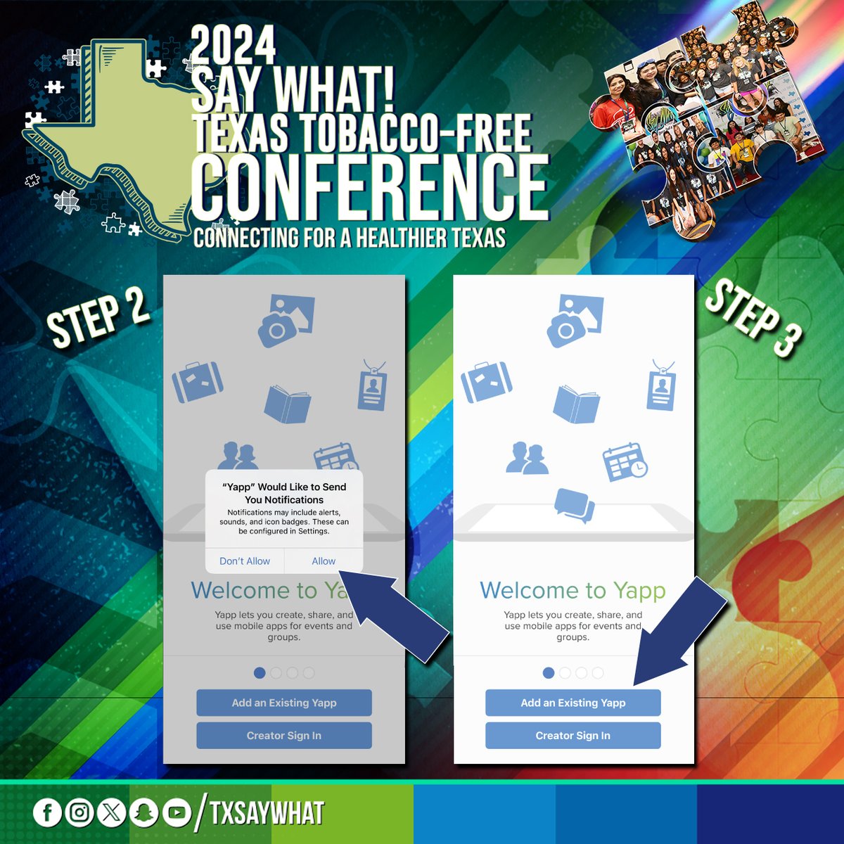 TxSayWhat's tweet photo. The YAPP App is back! Go ahead and download the YAPP app today so you have it ready to go when you arrive at the conference. Just follow the steps listed above and we’ll see you on the app! #ConnectTX #SayWhatConf https://t.co/4tPVzlCWmK