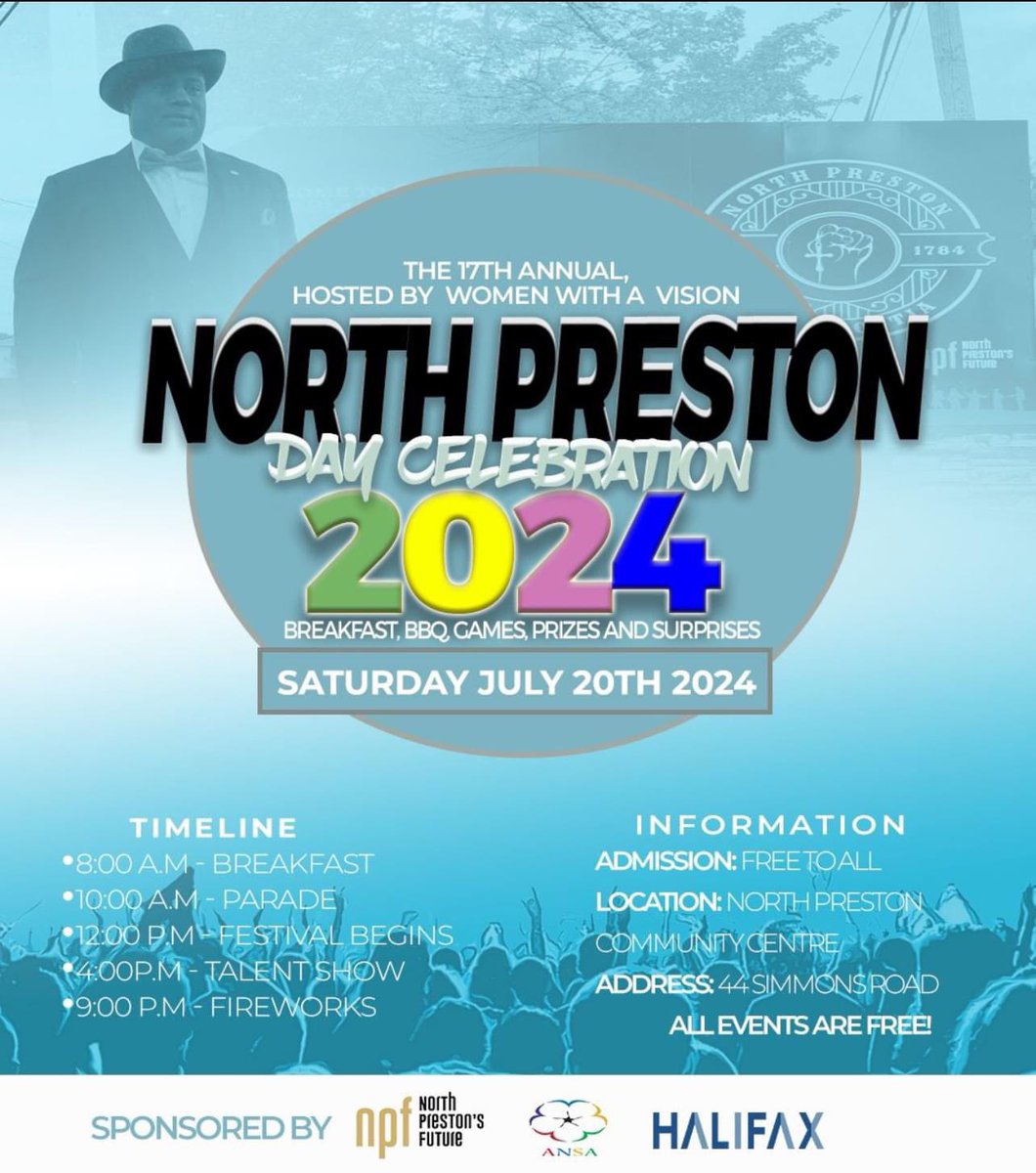 SimmonsT09's tweet photo. North Preston Day, July 20th. All are invited to come celebrate with our community. There will be food, a parade, entertainment, talent show and fireworks at 9pm. #UpHome #NorthPreston #NewRoadSettlement https://t.co/8dnP5GuUSQ