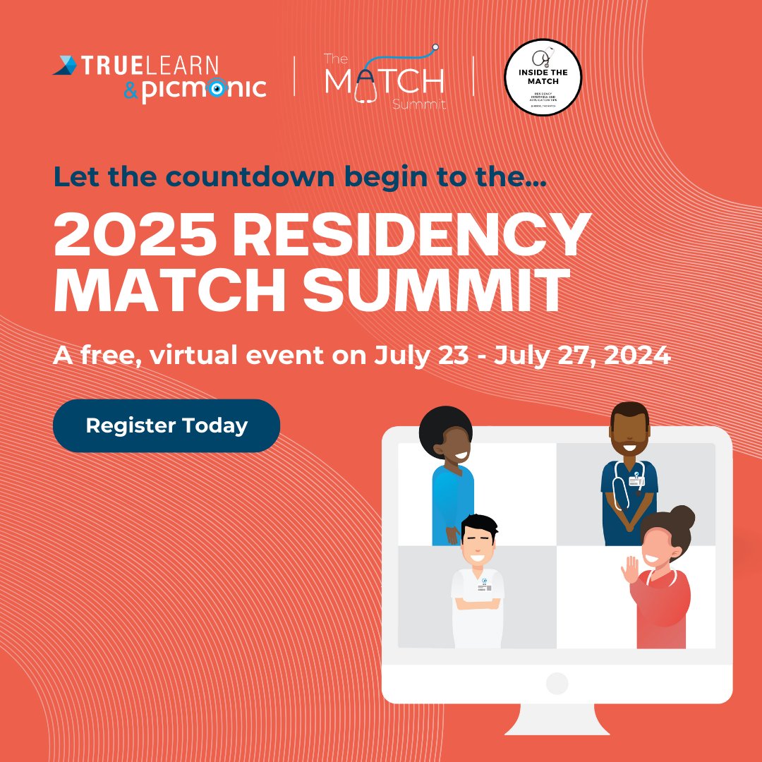TrueLearnLLC's tweet photo. Let the countdown begin to the... 2025 Residency Match Summit! 🩺

Join us for a free virtual event from July 23 to 27, 2024!

Register today: https://t.co/v0p8goMhcf

#match #matchsummit #residency #healthcare #tipsandtricks #truelearn #medical https://t.co/ewlHwihHog