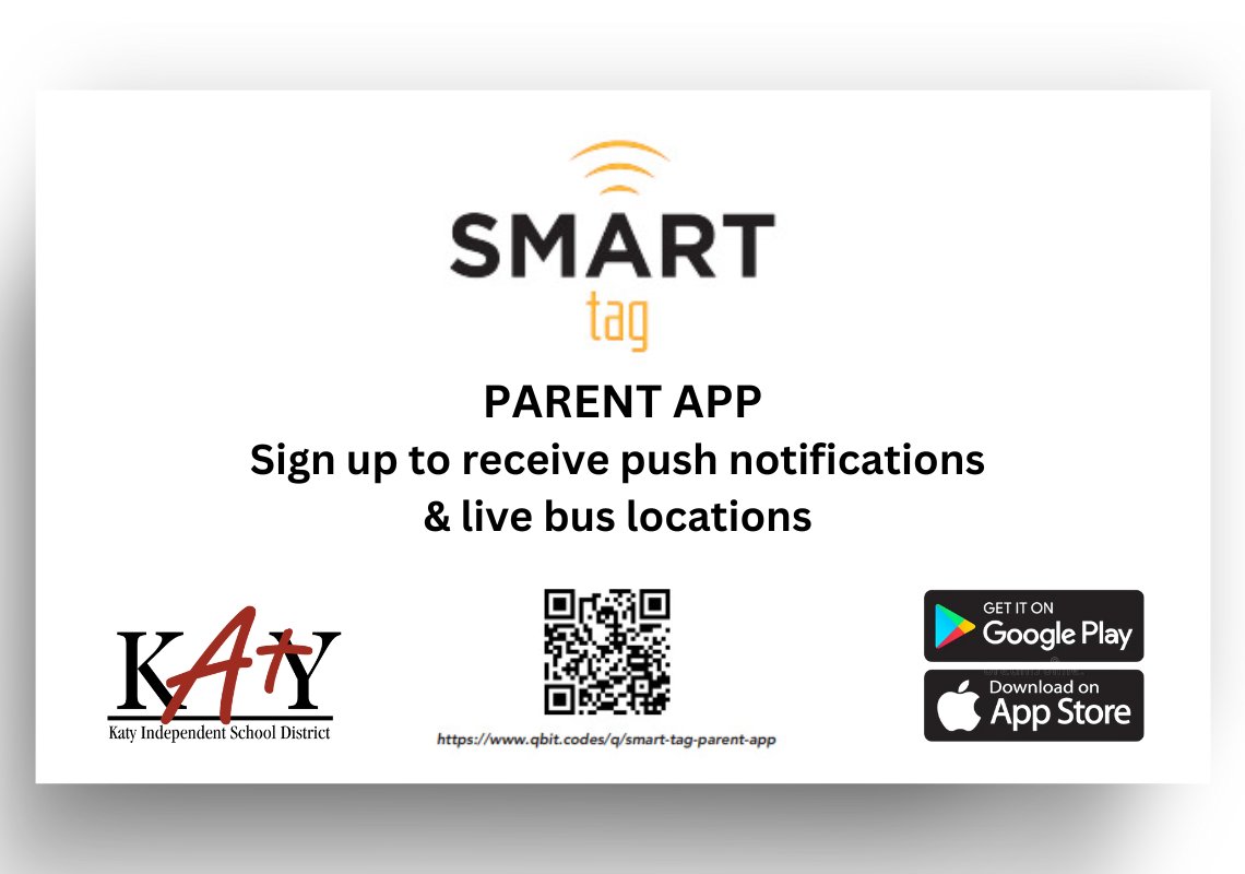 New this school year, Katy ISD is moving exclusively to the Smart tag app, which allows parents to track their student's bus ridership using their bus route. Find out more and get the app today, available on both Android and Apple devices. tinyurl.com/4memyrye
