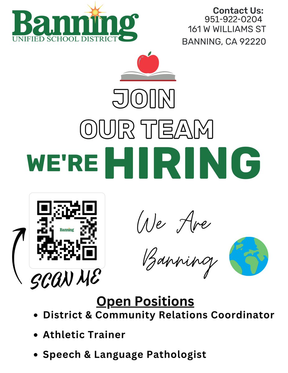 BanningUnified's tweet photo. 🚀We're hiring for several exciting positions at Banning USD🚀
-District & Community Relations Coordinator, Athletic Trainer, and Speech & Language Pathologist.
Let's make a difference together!
#BanningUSD #NowHiring #JoinOurTeam #Edjoin https://t.co/eZqGUQ9KfT