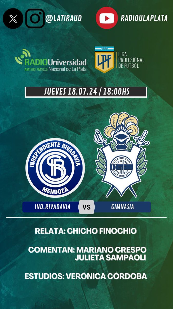 #IndependienteRivadavia 🆚 #Gimnasia desde las 18:00 con todo el equipo de <a href="/LaTiraUD/">Universidad Deportiva - La Tira</a> 💪💯

<a href="/lucasfinochio/">Chicho Finochio</a> - <a href="/MarianoCres/">Mariano Crespo</a> - <a href="/VeritoCordoba2/">VeroCordoba</a>