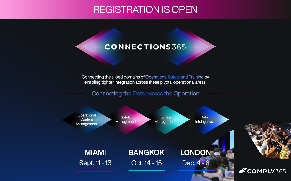 ✨ Registration is open &amp; countdown is on for #Connections365! ✨

We can't wait to bring our newly expanded #Comply365Community together at ➡️3⃣⬅️ locations across the globe! 

Customers, check your inbox for exclusive invite or DM us! More info: comply365.com/events/connect…