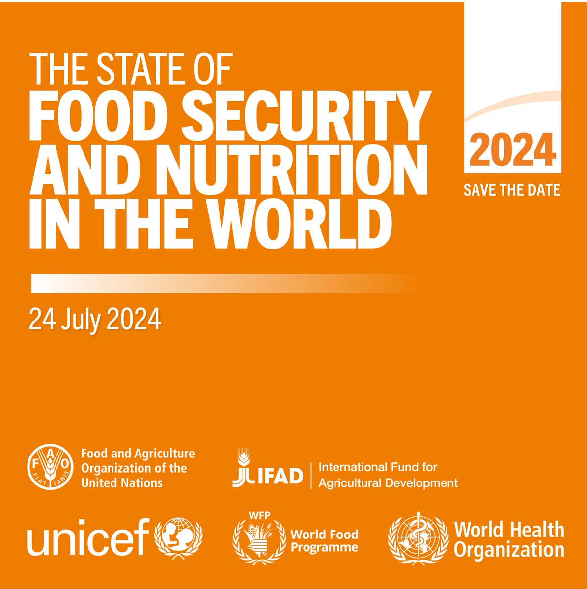 📌Save the date

📙Launch of the report The State of Food Security and Nutrition in the World 2024

🗓️24 July 2024
🕘9:00 GMT-3 / 14:00 CEST

Live webcast➡️bit.ly/4f2BF7z

#SOFI2024
