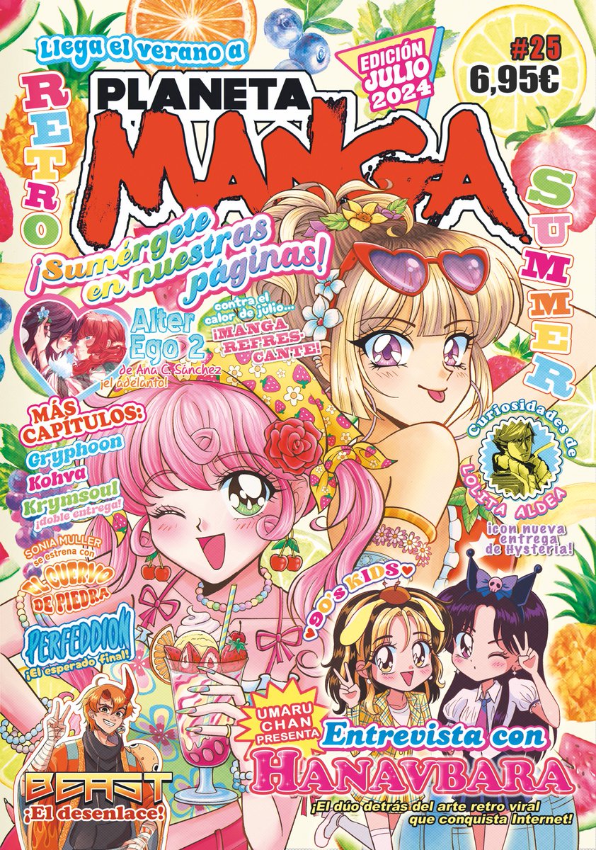 hanavbara's tweet photo. hana &amp; rosy ready for summer! 🌼🌹 (oc’s)

we had the pleasure to work on this cover for the spanish manga magazine #PlanetaManga 25! 🍓🥝🍋🍉🍍💫

nos hace muchísima ilusión haber hecho la portada para esta edición veraniega que ya está en librerías! ☀️ https://t.co/Szwchpq9vf