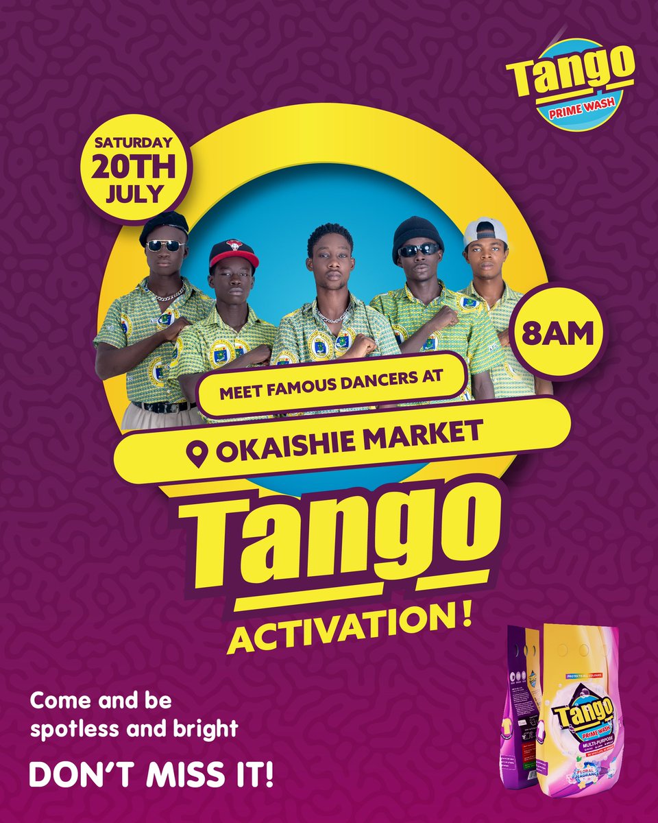 TangoPrime's tweet photo. Come and let's have fun💃🏼 with Serwaa Amihere, Fred Amugi and Nana Yaa Brefo this Saturday 20th July at the Okaishie Market.
Time : 8am
Come and let’s Tango!🫧
#TangoPrimeWashingPowder
#StainSlayer
#IWashWithTango
#GhanaMade https://t.co/aSMu6u5t3N
