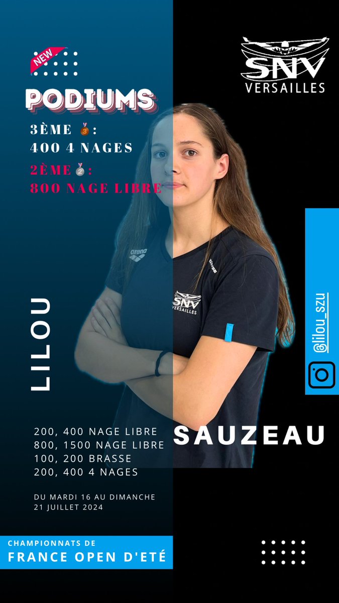 SN_Versailles's tweet photo. Félicitations à nos nageuses au Chpts FR Open:

-Lilou Sauzeau: Médaille🥈 sur le 800m nl J1&amp;2, à 44 centièmes de la première place !
-Apolline Gallant: Médaille🥉  sur le 800m nl J3&amp;+ !

Bravo aussi à **Ava SNEP** pour sa superbe 5ème place dans la finale Juniors 1&amp;2! https://t.co/ziefFz62R1