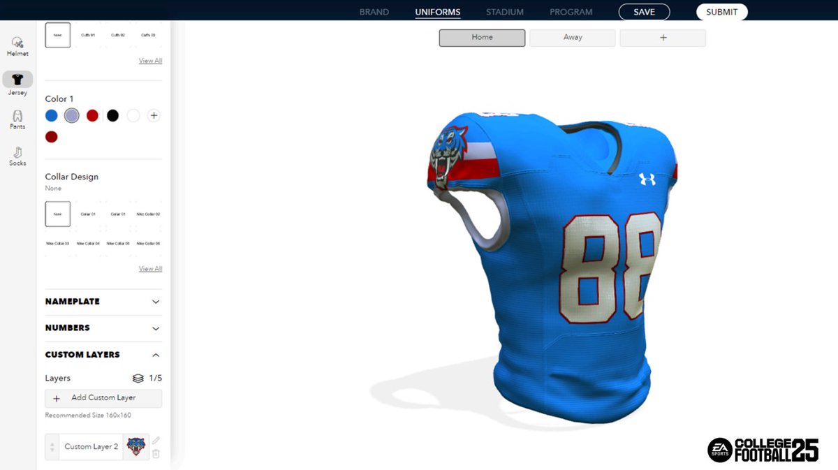 bordeauxyt's tweet photo. If you can imagine it, you can probably create it in College Football 25 teambuilder

The freedom with jersey designs is incredible. If a preset you want isn't there, you can create a layer and move it about anywhere you want https://t.co/ZQn69T3Seq