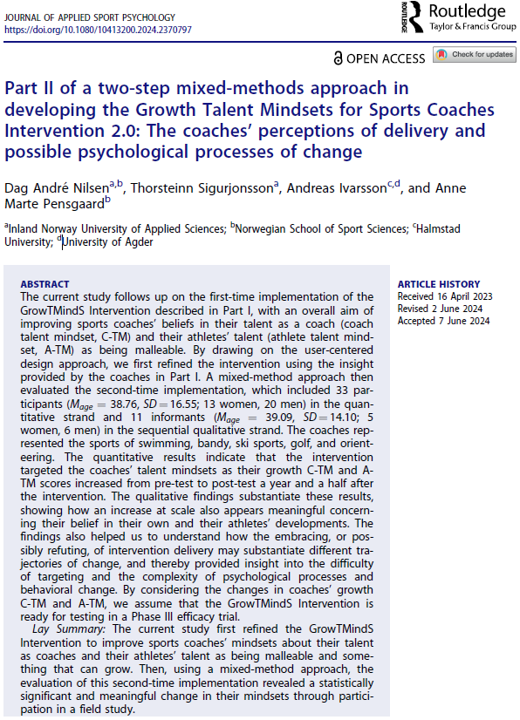 Thrilled to see our second article on developing the GrowTMindS Intervention <a href="/tandfonline/">Taylor & Francis Research Insights</a>, @JAppSportPsych. This Part II discusses coaches’ perceptions of delivery and possible psychological processes of change. Open access👇
tandfonline.com/doi/full/10.10…