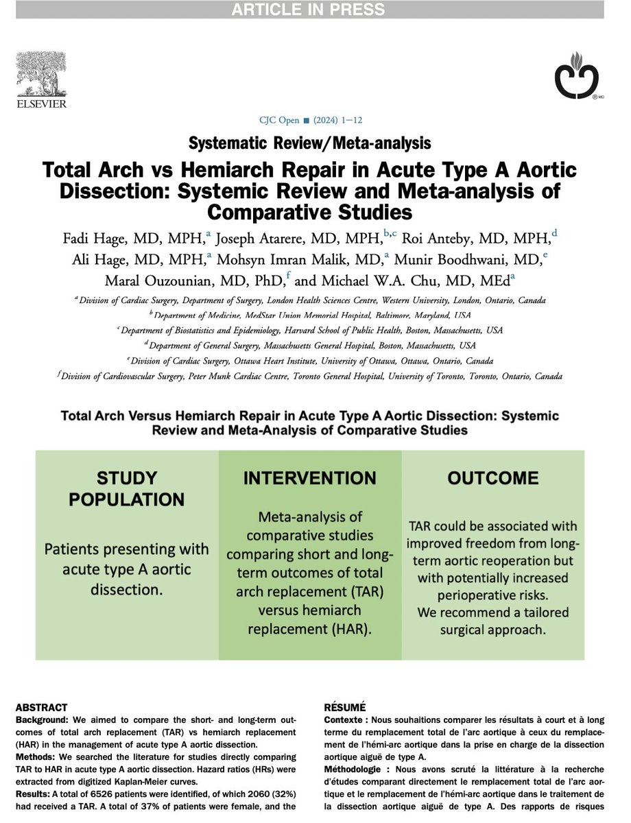 Michael Chu (@michaelmwachu) on Twitter photo Congrats <a href="/Fadi1Hage/">Fadi Hage</a> and co-authors on this MA/SR to drill down further on Total Arch vs Hemi for Acute Type A Aortic Dissection. Sets the stage for the upcoming #HEADSTART RCT! <a href="/CtacSurg/">Canadian Thoracic Aortic Collaborative</a> <a href="/OuzounianMD/">Maral Ouzounian</a> <a href="/JehangirAppoo/">Jehangir Appoo, MD, FRCSC</a>
cjcopen.ca/article/S2589-… Congrats <a href="/Fadi1Hage/">Fadi Hage</a> and co-authors on this MA/SR to drill down further on Total Arch vs Hemi for Acute Type A Aortic Dissection. Sets the stage for the upcoming #HEADSTART RCT! <a href="/CtacSurg/">Canadian Thoracic Aortic Collaborative</a> <a href="/OuzounianMD/">Maral Ouzounian</a> <a href="/JehangirAppoo/">Jehangir Appoo, MD, FRCSC</a>
cjcopen.ca/article/S2589-…