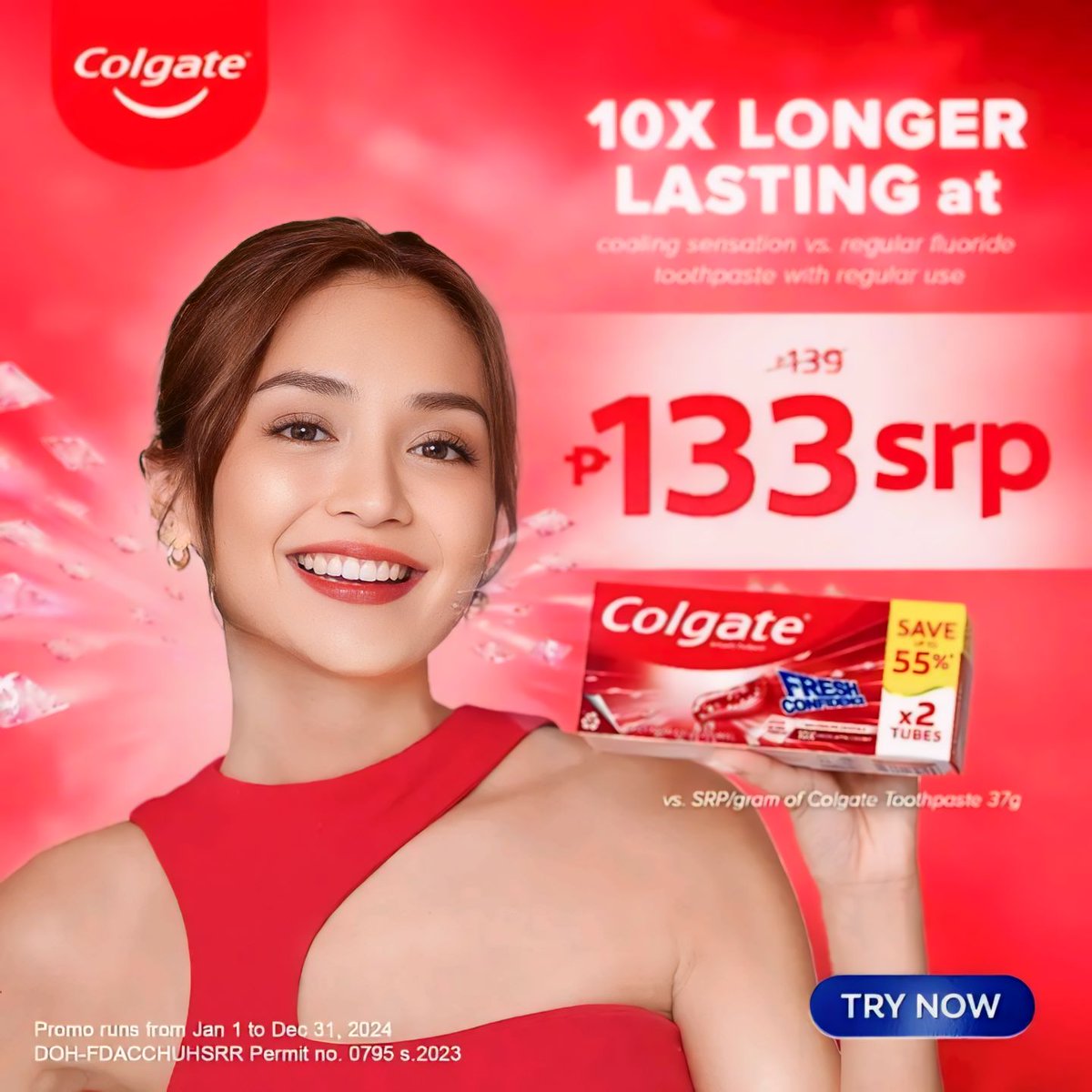 LouRegietVillar's tweet image. KathrynBernardo Try the NEW Colgate Fresh Confidence now with 10X longer lasting cooling at P133 only for 2 tubes in select supermarkets! Hurry, enter your #FreshConfidenceEra today! 
Tube 120gx2 vs. SRP/gram of Colgate Toothpaste 37g
C0106P070924 #ColgatePH #KathrynXColgate