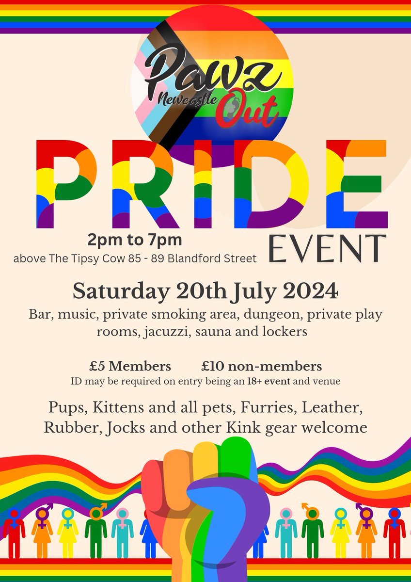 Pawz is having a pride event! Join us after the march at 2pm above The Tipsy Cow for music, drinks, sauna, jacuzzi and more!  Details can be found on the poster and additional information on our linktree!