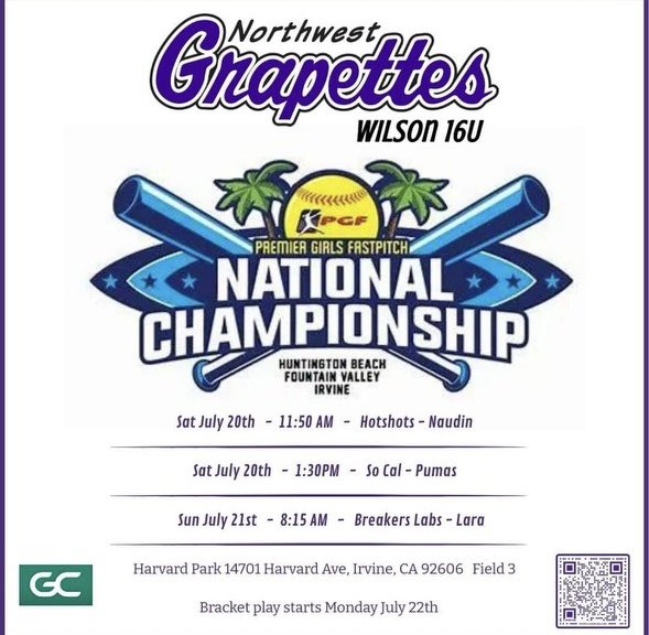 NW Grapettes- Wilson schedule for PGF Nationals! Hope to see you there! <a href="/CoastRecruits/">Coast 2 Coast Recruits</a> <a href="/RodneyDeLong/">Rodney DeLong</a> <a href="/UCRSoftball/">UC Riverside Softball</a> <a href="/CSUNSoftball/">CSUN Softball</a>