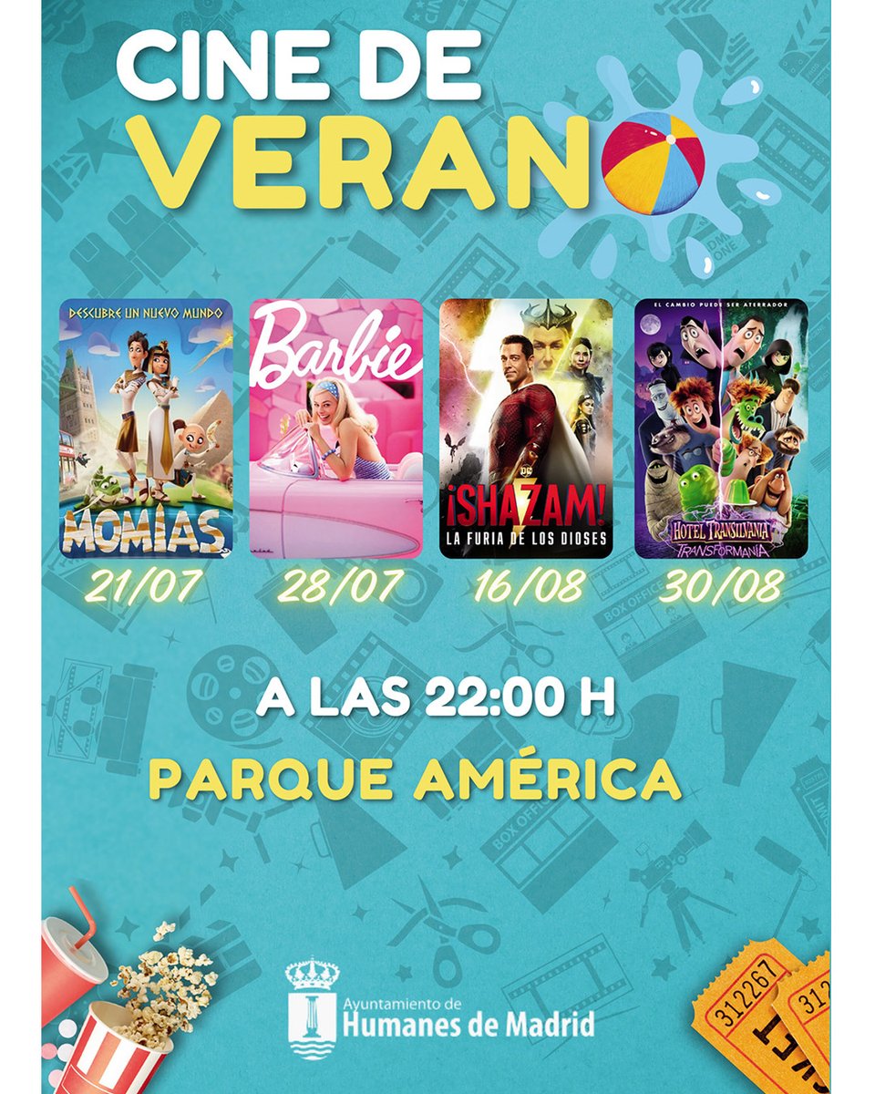 AytHumanes's tweet photo. Desde la concejalía de Cultura dirigida por Alberto Rivas, os presentamos la programación para este verano 2024. 🌞

PROGRAMACIÓN JULIO:

🍿Domingo 21/07: Momias. 💀

🍿Domingo 28/07: Barbie. 💄

📍Lugar: Parque América

🕒 22:00 h

¡Os esperamos!

#HumanesDeMadrid https://t.co/8fvyjW7ghe