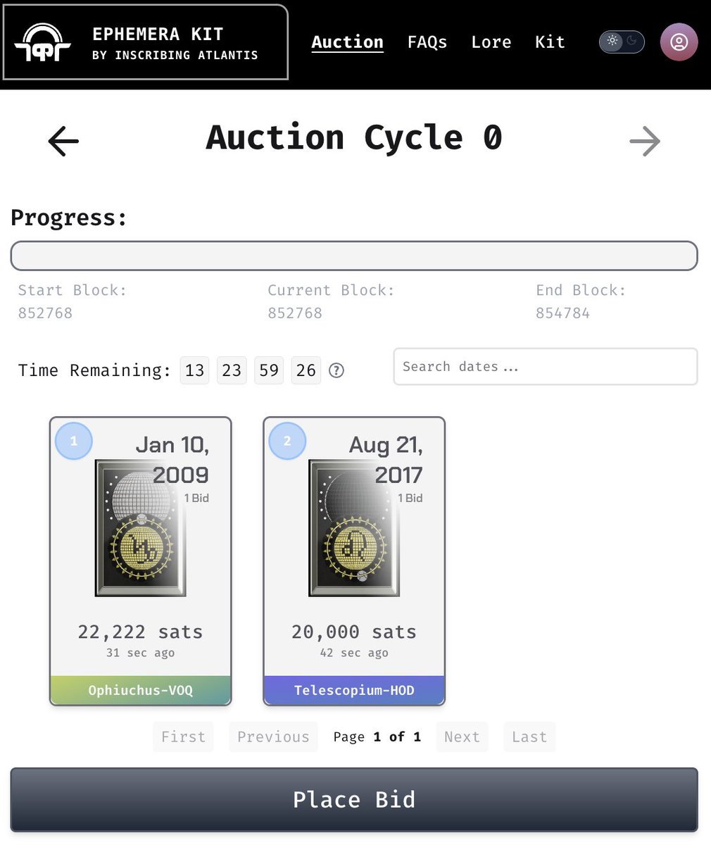 THE EPHEMERA AUCTION IS NOW LIVE! 

Ephemera Cycle 0 Auction runs from now until the next difficulty adjustment (Block 854784). 16 dates will be inscribed in Auction Cycle 0. 

Once a date is gone it’s gone for good, so inscribe your date on the Digital Megalith while you still