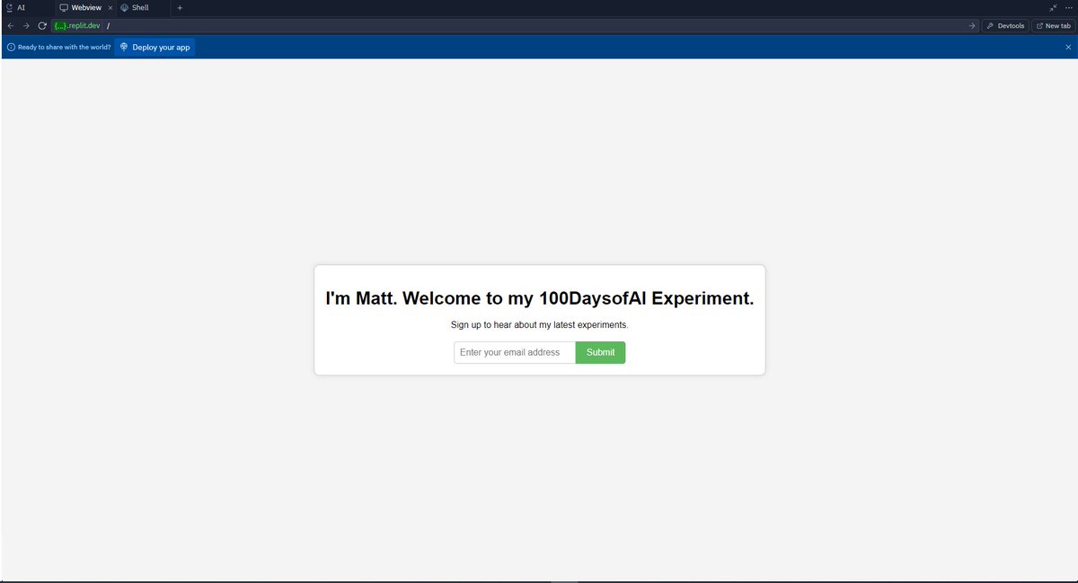 MattFullenkamp's tweet photo. Day 17 of #100DaysofAI 🧪 

I learned how AI assistant @ChatGPTapp can help write code and guide me on new tools. I created a landing page with ChatGPT &amp; brought it to life on @replit in under 5 minutes. 

ChatGPT's code had (1) error but I was quickly able to debug it. https://t.co/NArhZa8uRZ