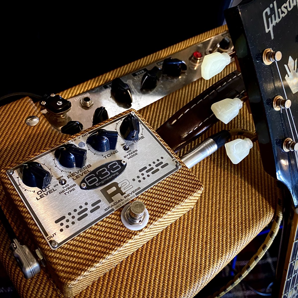 It had to be done!  The brand new R2 Spacial Reverb in tweed sat atop the Kirk Fletcher model ‘KF30’.