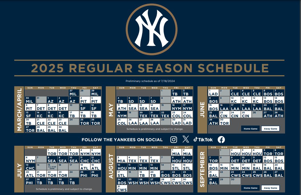 Large Printable Yankees Schedule