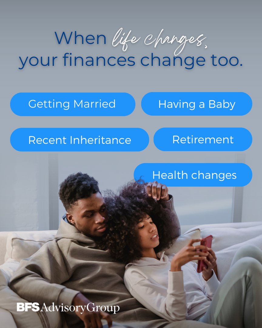 BFSAdvisory's tweet photo. Navigating life's milestones, from marriage and parenthood all the way to retirement, can significantly impact your financial journey. 

Together, we can strategize to adapt to these changes and steer you toward achieving your goals. https://t.co/IFVbny2ncJ