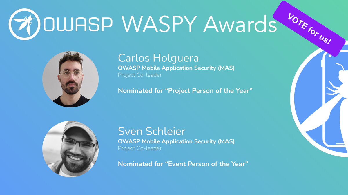 OWASP Mobile App Security (@owasp_mas) on Twitter photo <a href="/bsd_daemon/">Sven Schleier</a> and <a href="/grepharder/">Carlos Holguera</a> have both been nominated for the 🏆 2024 OWASP WASPY AWARDS 🏆 If you are an OWASP member with an owasp.org address, check your EMAIL & you can VOTE for both of us! Thanks everyone for your support! <a href="/bsd_daemon/">Sven Schleier</a> and <a href="/grepharder/">Carlos Holguera</a> have both been nominated for the 🏆 2024 OWASP WASPY AWARDS 🏆 If you are an OWASP member with an owasp.org address, check your EMAIL & you can VOTE for both of us! Thanks everyone for your support!