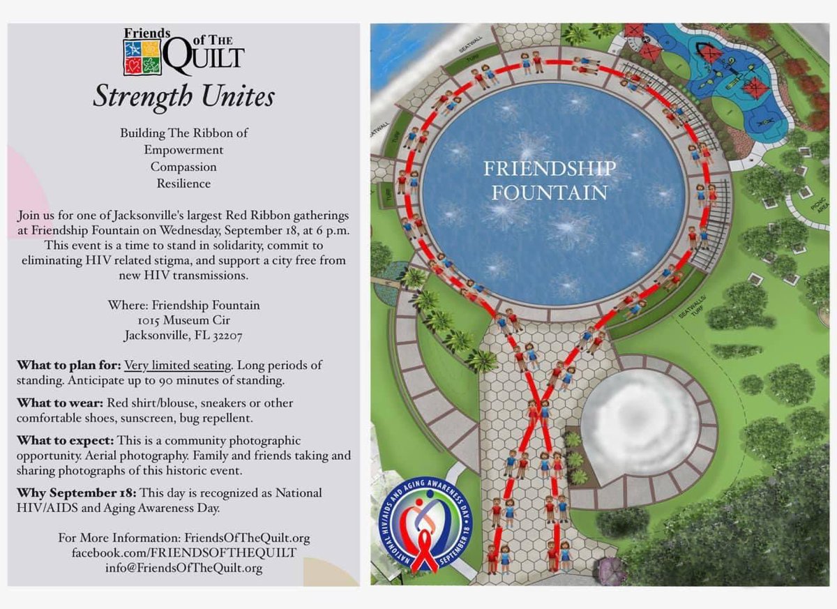 SAVE THE DATE: Friends of the Quilt Presents: Strength Unites on Wed, Sept 18, 6 pm - Jax's largest Red Ribbon gathering at Friendship Park. For more information, email: info@friendsofthequilt.org