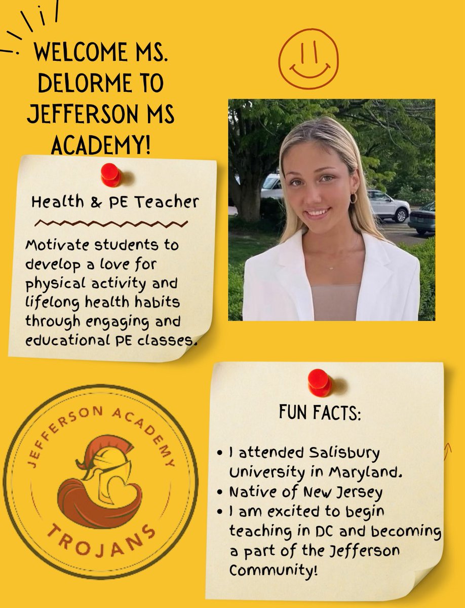JATrojans's tweet photo. The Jefferson MS Academy family welcomes:  
Ms. Delorme, Health &amp; PE Teacher!

We look forward to working with you during the 2024-2025 school year.
#WeAreJA @dcpublicschools @W6PSPO https://t.co/z0JJZ2WFKQ