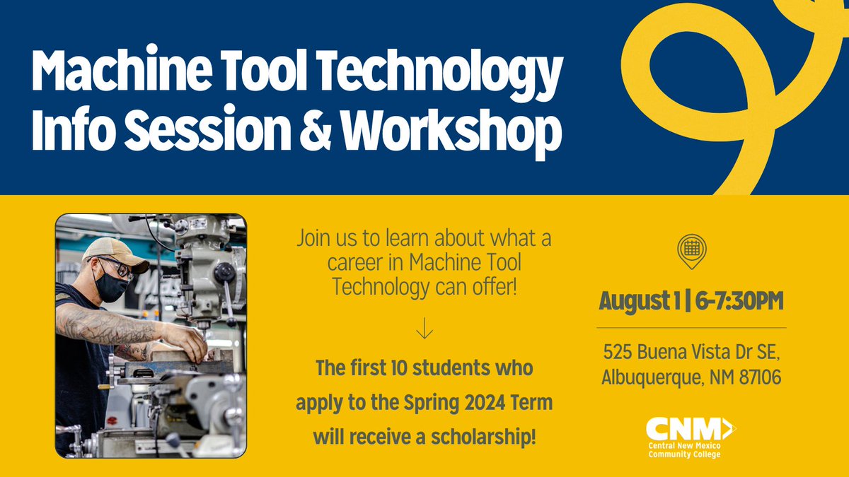 CNMsuncats's tweet image. Join us at Main Campus&apos; TC Building on August 1 from 6-7:30 p.m. to learn about CNM&apos;s #MachineToolTechnology program!

During this info session, #CNM students will learn about the program and meet representatives from the industry.

RSVP to attend here: bit.ly/3zEWUMx