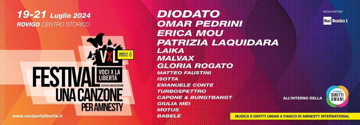 MusicTvOfficial's tweet photo. Al via a Rovigo @vocixlaliberta – Una canzone per @amnesty. Tra gli ospiti musicali @DiodatoMusic, @PedriniOmar, @ericamou, #PatriziaLaquidara, #Isotta https://t.co/K3QL4h0xHr