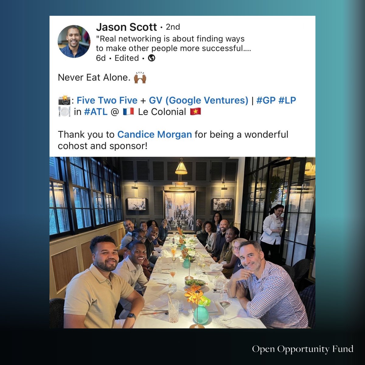Paul Judge (<a href="/pauljudge/">Paul Judge</a> ) attended an LP + GP dinner in Atlanta hosted by Five Two Five + <a href="/GVteam/">GV</a> ( Google Ventures ).  

Always inspiring to spend time with so many diverse individuals building in the tech community.