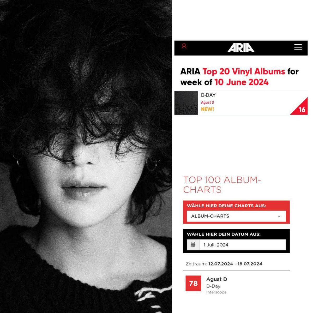 ARMYS_emacao's tweet photo. 📲 D-DAY Agust D estreia em vinil no Top 20 de álbuns de vinil da Austrália em 16º lugar e em 78º lugar na Alemanha.

Parabéns ao nosso gênio musical!

💡@ARMYS_emacao 

©️ARMYS_emacao
©️Crazy_Koreans

📲Entre no nosso canal:https://t.co/v4hJz35R28…

#ARMYS_emacao #SUGA #AgustD https://t.co/RkCtrc9YEl