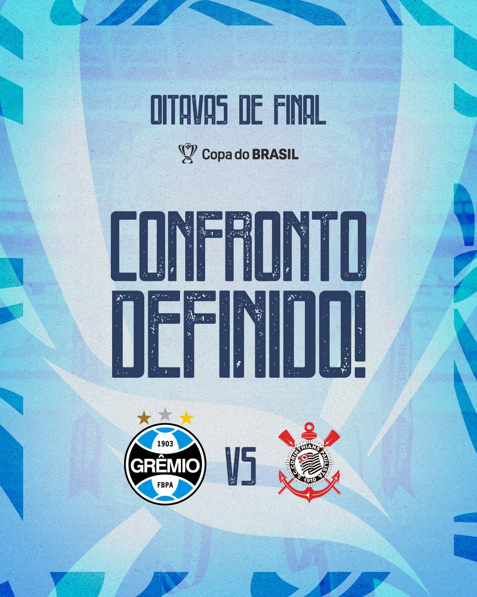 Gremio's tweet photo. ADVERSÁRIO DEFINIDO! 🇪🇪 Enfrentaremos o Corinthians pelas oitavas de final da #CopaDoBrasil2024 e a ordem dos mandos será determinada em instantes. 

VAMOS JUNTOS EM BUSCA DO HEXA! ⭐️⭐️⭐️⭐️⭐⏳️ https://t.co/z0TQmiO0e7
