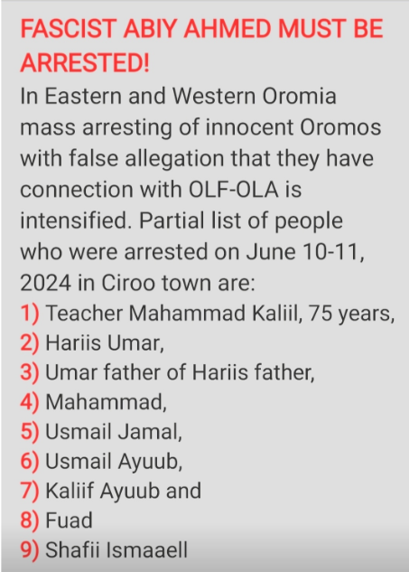 QubeeMN's tweet photo. Abiy Ahmeds hærs massearrestasjoner av oromoer ble intensivert i Øst-Oromia. Den 10.-11. juni 2024 ble mange, inkludert en 75 år gammel mann, arrestert i Ciroo by &amp; områdene rundt. https://t.co/nRWfyabmlo @NorwayMFA @NRKno @MikeHammerUSA @hrw #UN @AP @Reuters #FreedomForOromo