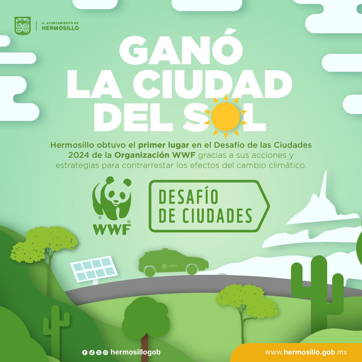 Hermosillo ganó el Primer Lugar Nacional del #DesafíoDeCiudades 2024 de #WWF por nuestro compromiso combatir el cambio climático. 

Con acciones como el uso de energías 🌞 hasta la implementación de patrullas eléctricas, ¡estamos avanzando hacia un futuro más sostenible! 💚🐼🏆