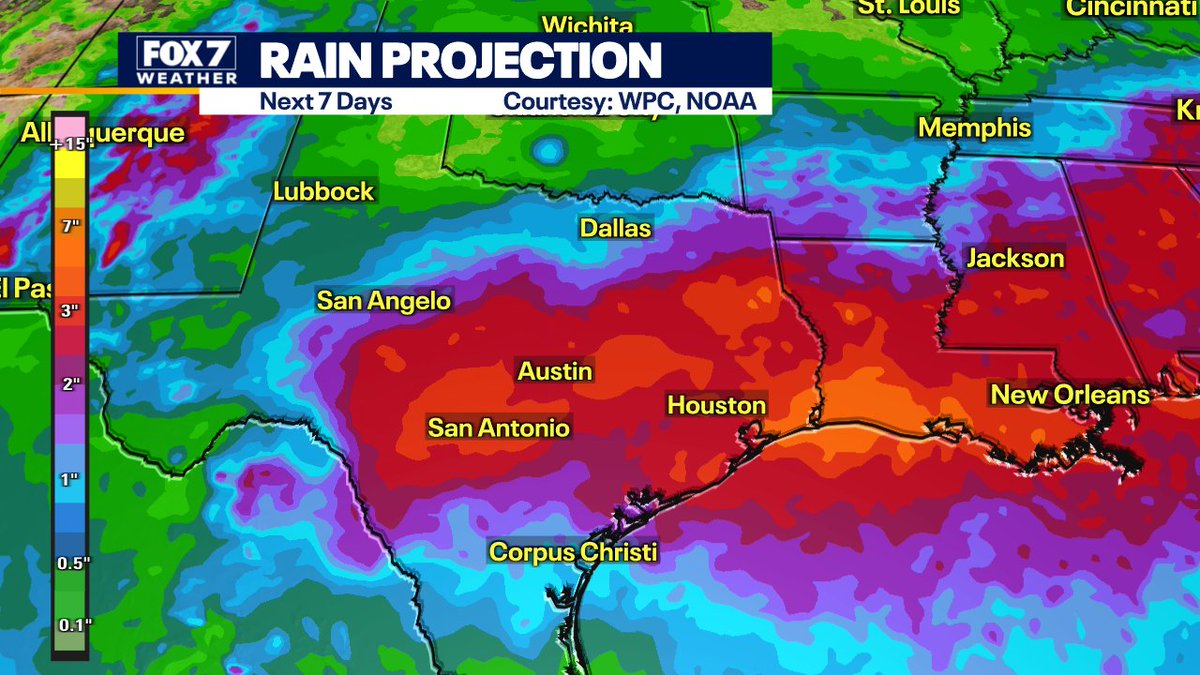 zackshieldsFOX7's tweet photo. More heavy rain heading for #TX in the next 7 days. #raintotals #fox7austin #atxwx #txwx https://t.co/YfGiFNdFZb