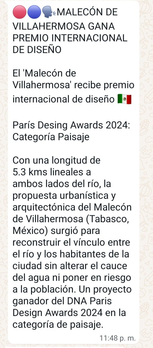 MIMA571130's tweet photo. #LesComparto.

El malecón de Villahermosa gana el premio internacional de diseño PARIS DESING  AWARDS 2024, en la  categoría de paisaje.
Gracias a mi presidente @lopezobrador_
Y a los gobernadores @adan_augusto
Y @cmmerino https://t.co/TcMORUZIhn