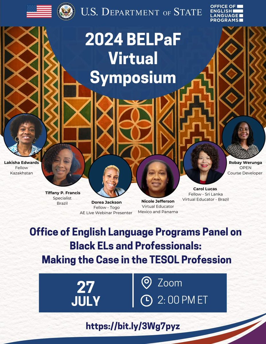 Mark your calendars for July 27 at 2:00 PM ET! English Language Programs is excited to participate in the annual Virtual Black English Language Professionals and Friends (BELPAF) Symposium. 

Click on the link below to register. 
bit.ly/3Wg7pyz