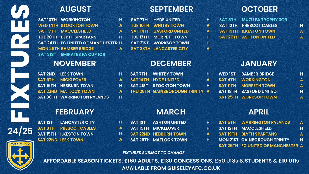 ⚪🔵 THEY'VE FINALLY LANDED! ⚪🔵

Our 2024/25 fixtures are here and we start at home to <a href="/WorkingtonAFC/">Workington AFC</a> and end away at <a href="/FCUnitedMcr/">FC United of Manchester 🟥⬜⬛</a>: guiseleyafc.co.uk/2024-25-fixtur… 

#GAFC #GuiseleyTogether